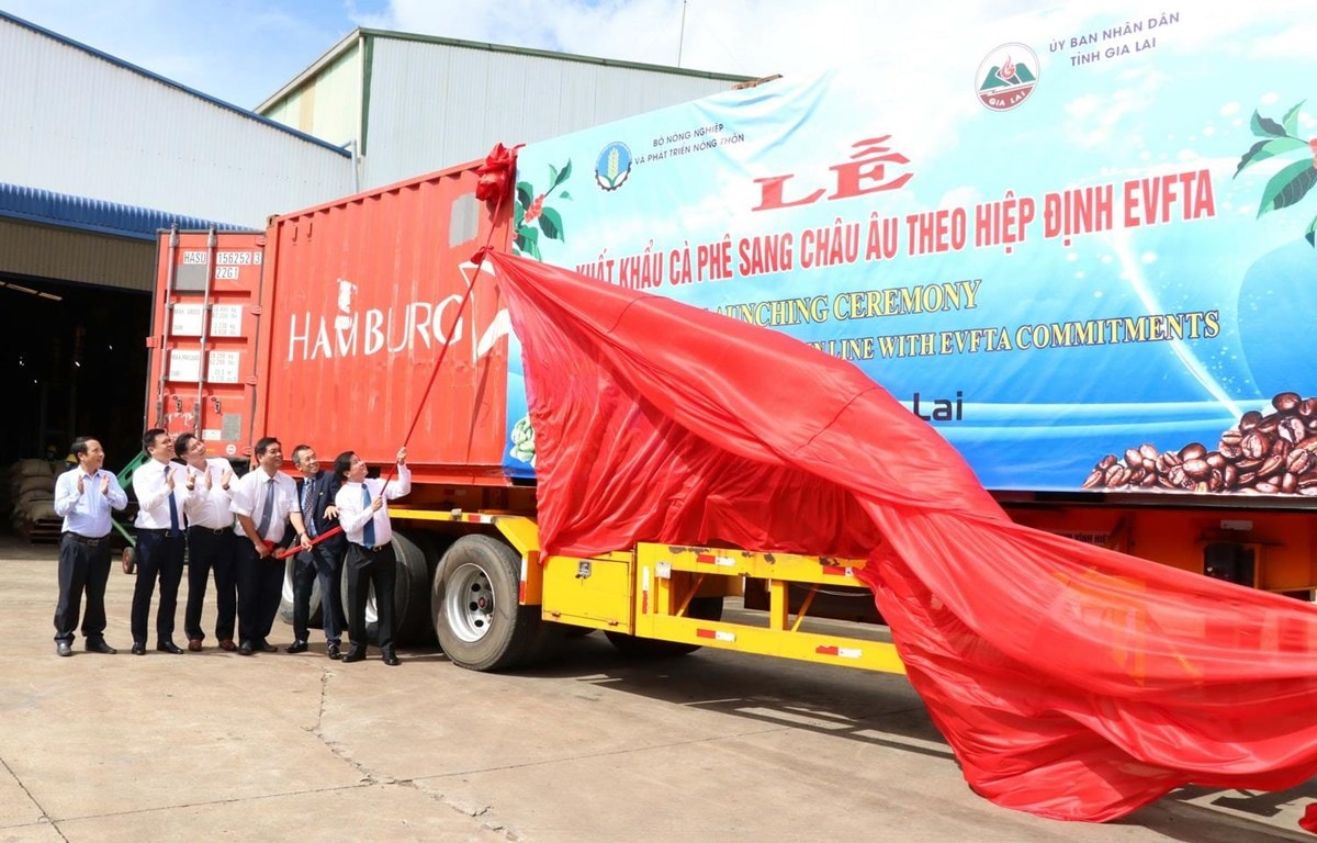 Phát lệnh xuất khẩu lô càphê đầu tiên của Việt Nam sang châu Âu. (Ảnh: Hồng Điệp/TTXVN)