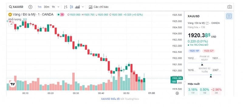 Biểu đồ biến động giá vàng trong 24 giờ qua