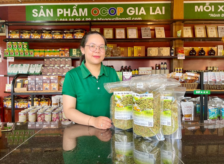 Sản phẩm hoa đu đủ sấy khô của HTX được trưng bày tại cửa hàng OCOP của Hợp tác xã Nông nghiệp liên hiệp Gia Lai