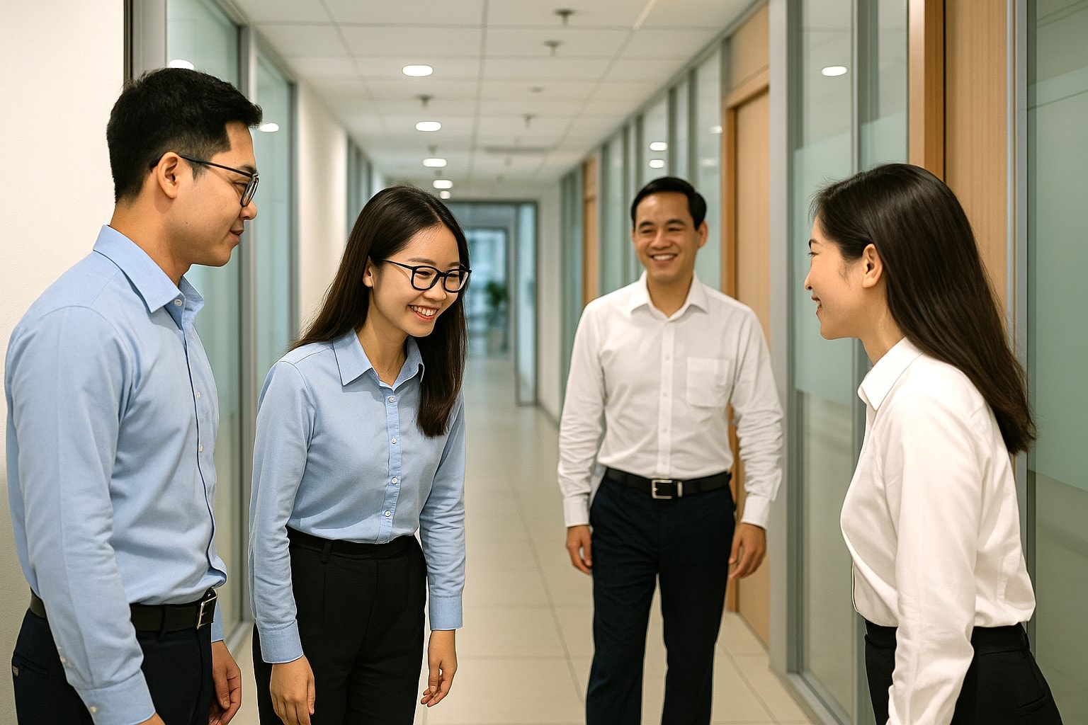 động dừng lại chào hỏi bằng ánh mắt và nụ cười – những chi tiết nhỏ, nhưng bền vững như trụ cột trong văn hóa công sở của doanh nghiệp lớn.