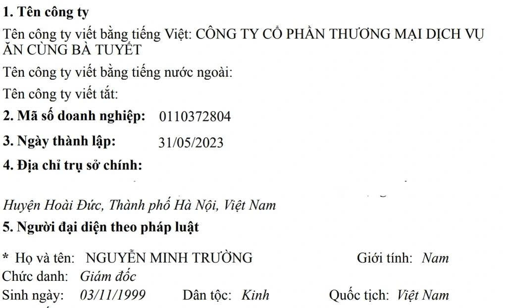 Công ty CP Ăn cùng bà Tuyết thông báo giải thể