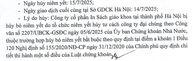 Thông báo về việc hủy niêm yết bắt buộc cổ phiếu TPH