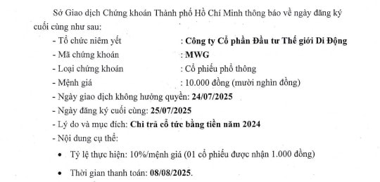 Thông tin công bố của MWG