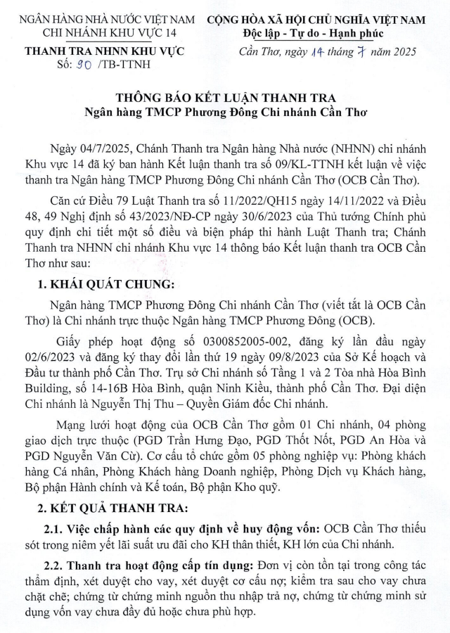 kết luận thanh tra ocb cần thơ
