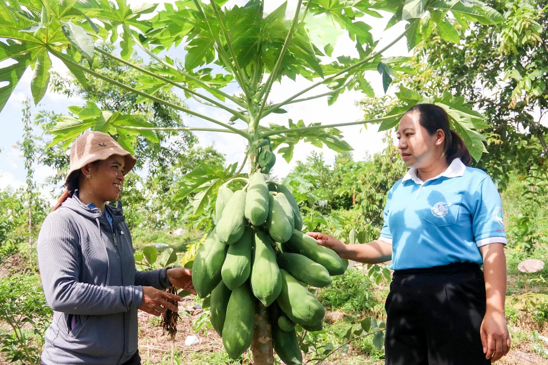Lãnh đạo Hội Liên hiệp Phụ nữ xã hỏi thăm tình hình sản xuất, phát triển kinh tế của gia đình bà Hĩnh (1)