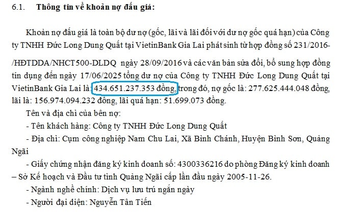 Trích thông báo của tổ chức đấu giá liên quan khoản nợ của Công ty TNHH Đức Long Dung Quất tại Vietinbank