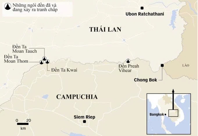 Vị trí đền Ta Muan Thom cùng các đền tranh chấp giữa Campuchia và Thái Lan
