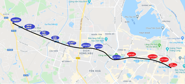 Vị trí các ga tàu trên tuyến đường sắt đô thị Nhổn ga Hà Nội