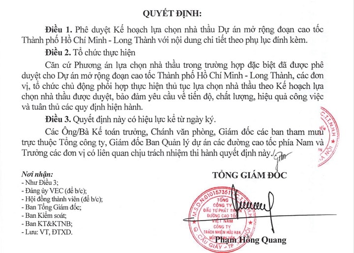 Quyết định phê duyệt KHLCNT dự án mở rộng cao tốc TPHCM - Long Thành được VEC ban hành cuối tháng 7/2025