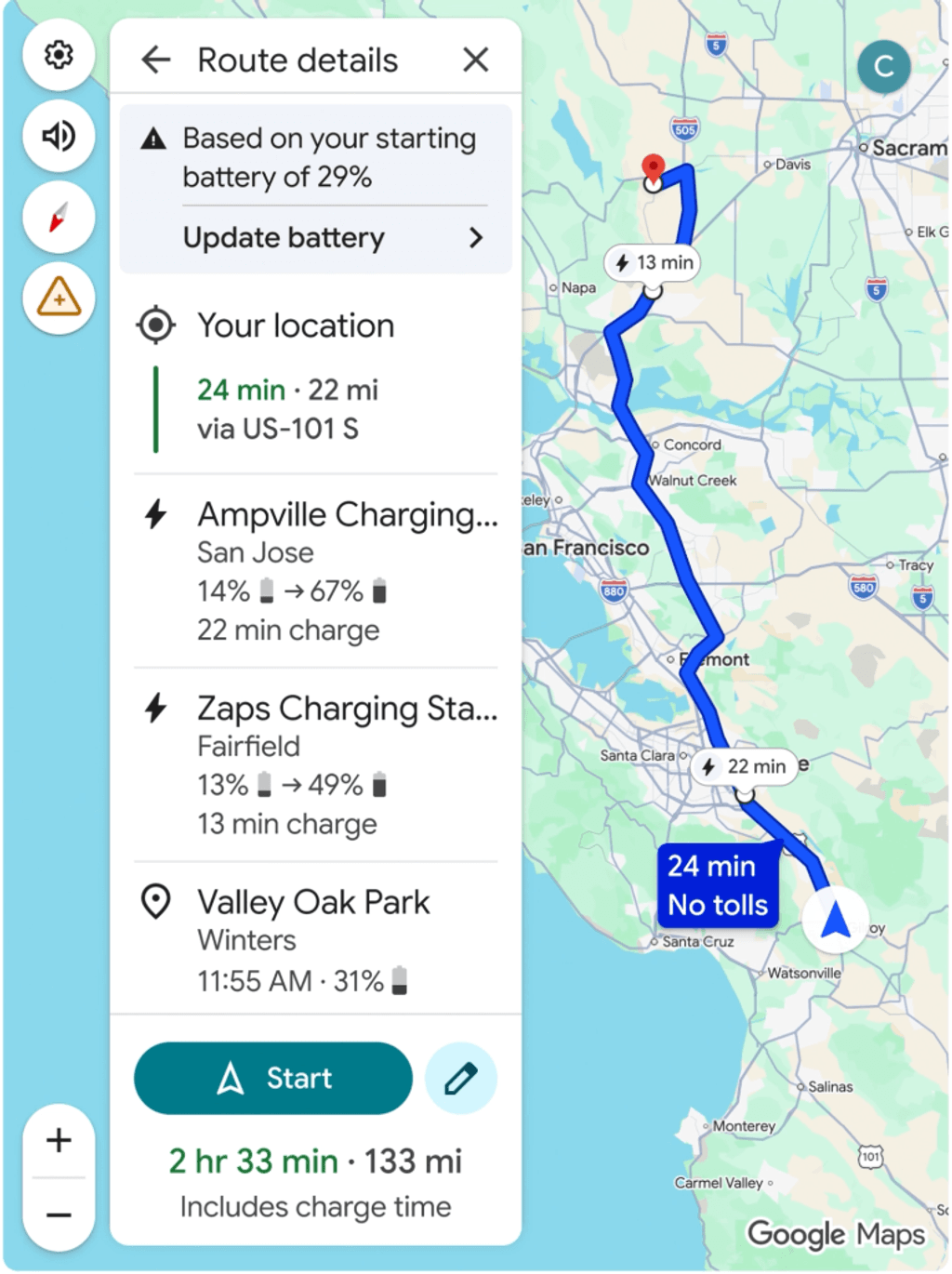 Chỉ dẫn của Google Maps về lộ trình tối ưu cho xe điện