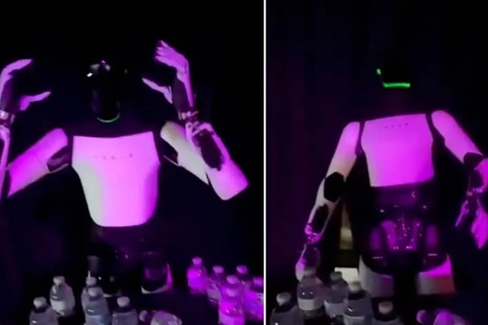 Robot hình người Tesla ngã khi phục vụ đồ uống
